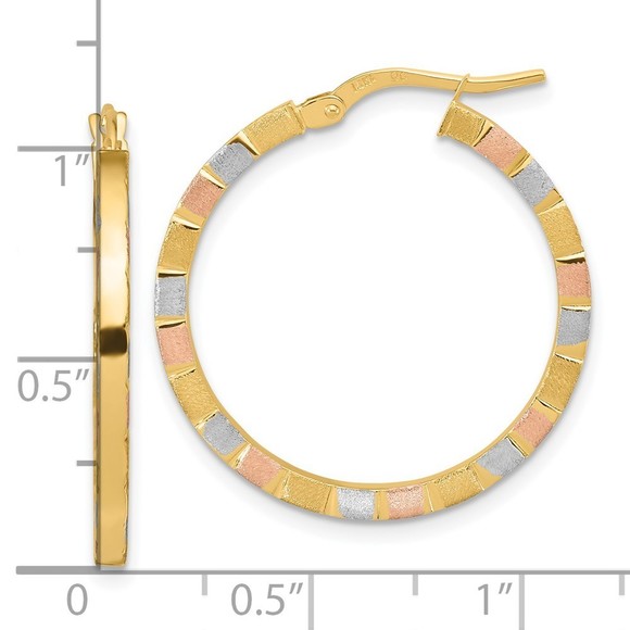 14k w/White & Rose Rhodium Polished & Satin Hoop Earrings - Picture 2 of 4